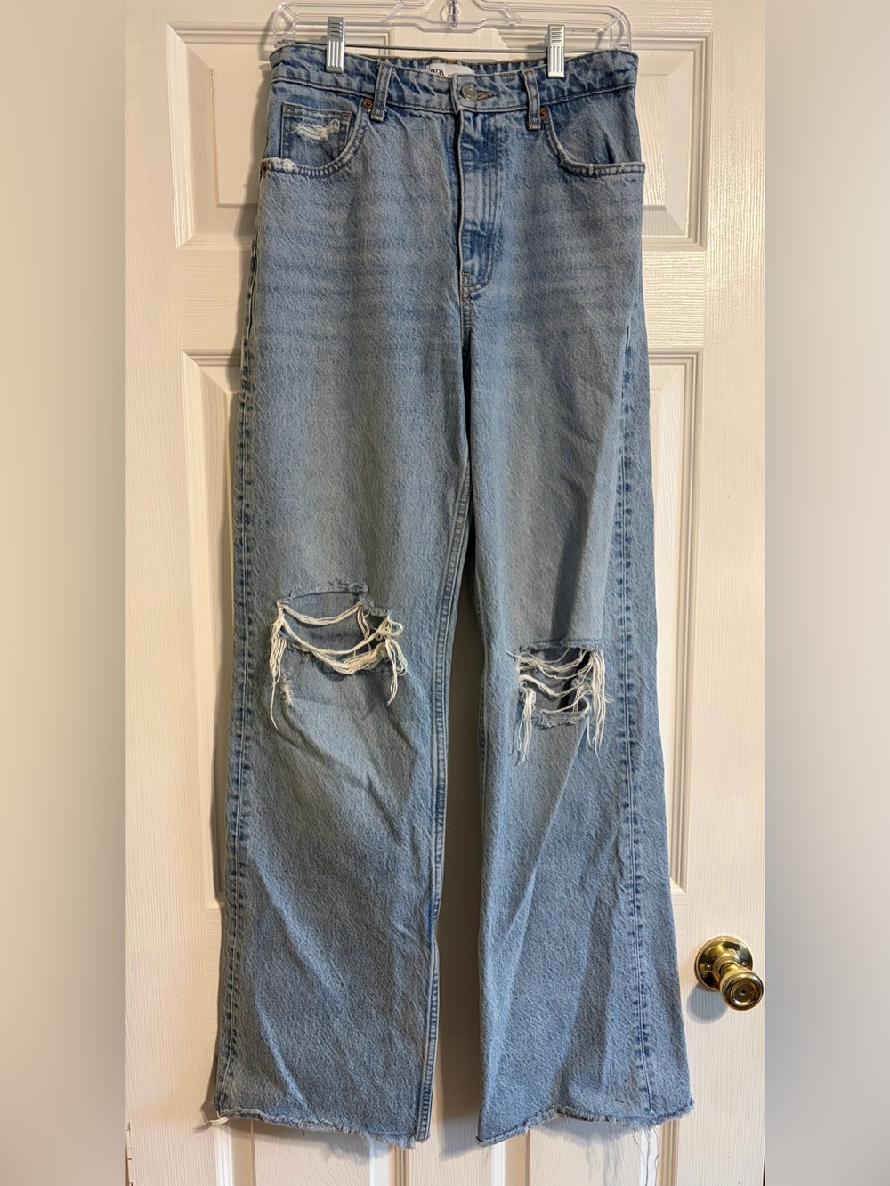 Zara High Waisted Wide Leg Distressed Denim Jeans Light Blue 6 38 Minor Stain